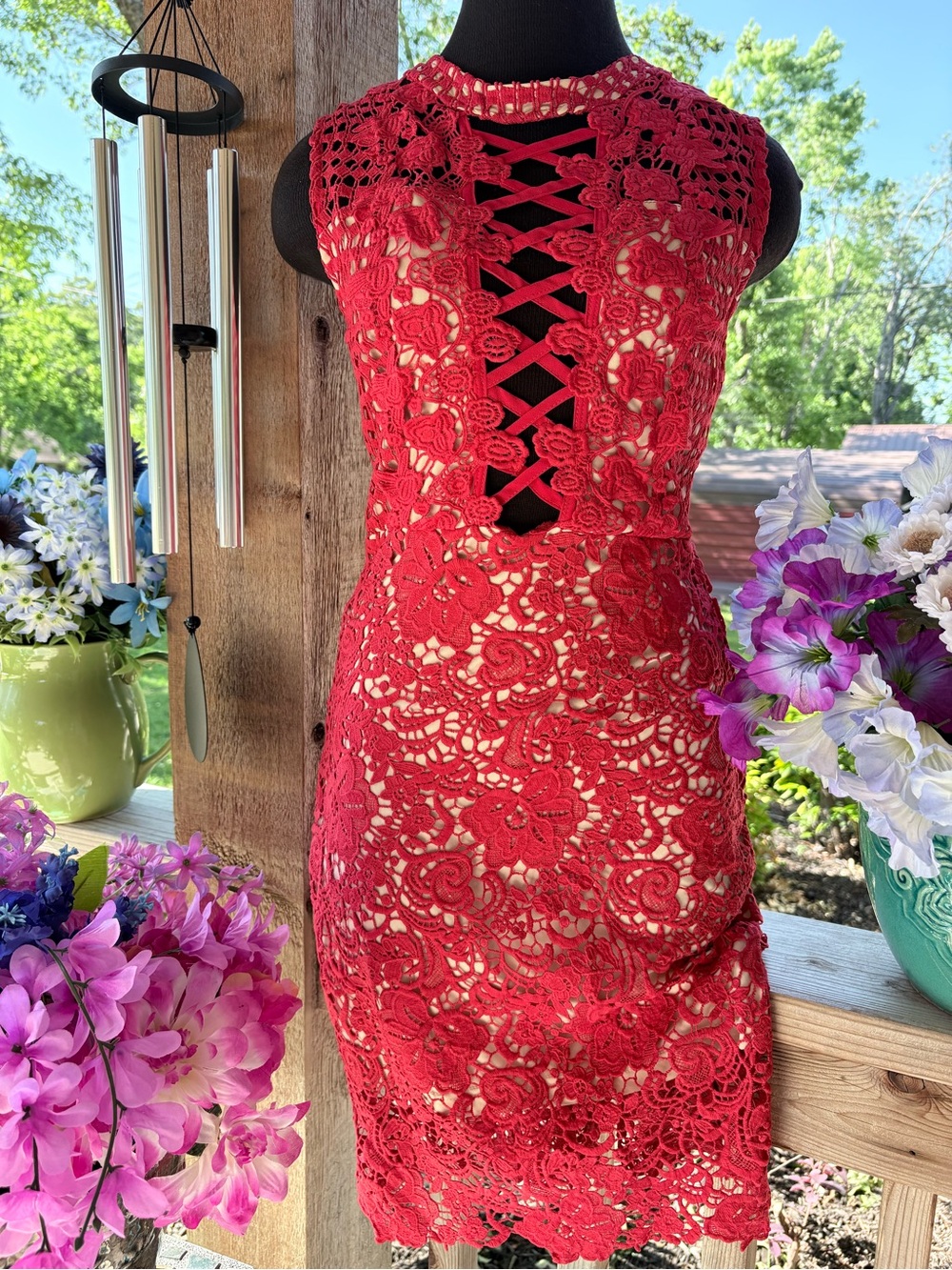 Soieblu Coral Crochet Lace Overlay Sleeveless Braided Open Weave in Front Dress